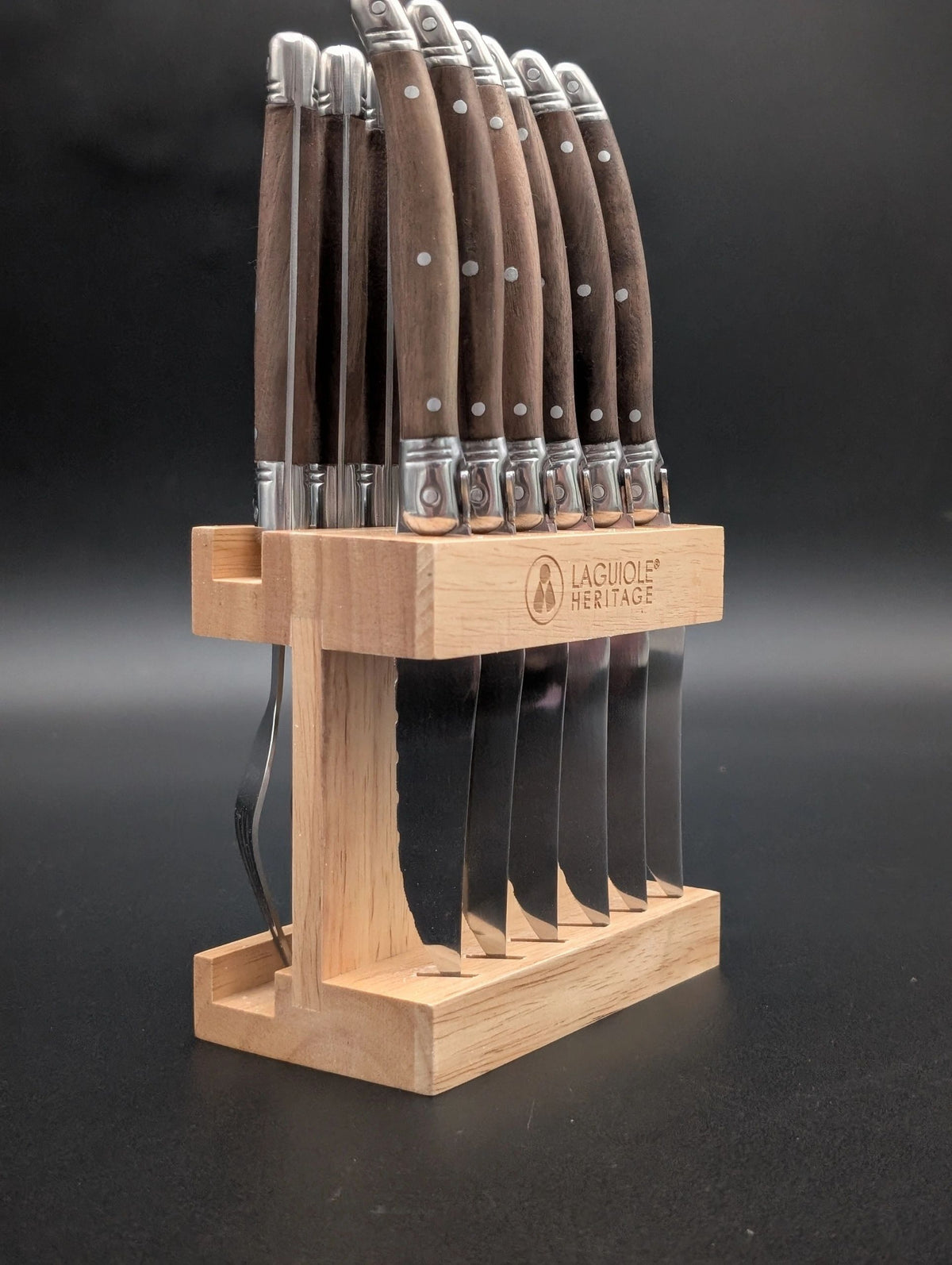 Laguiole Héritage Steak Knife & Fork Set – 12 Piece with Walnut Handles and Wooden Stand