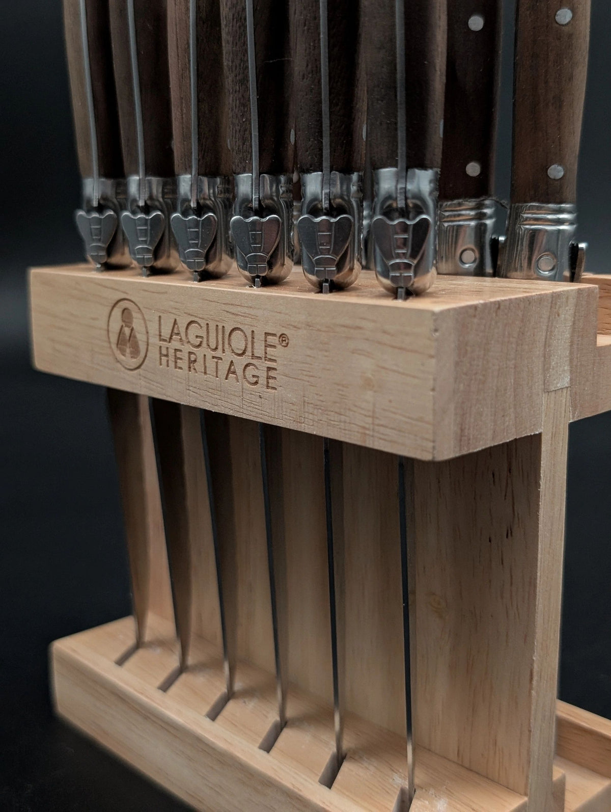 Laguiole Héritage Steak Knife & Fork Set – 12 Piece with Walnut Handles and Wooden Stand