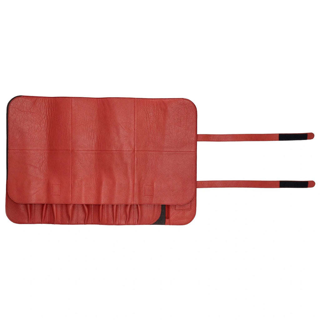 Leather Knife Case Red 9 Compartments + Tool Compartment