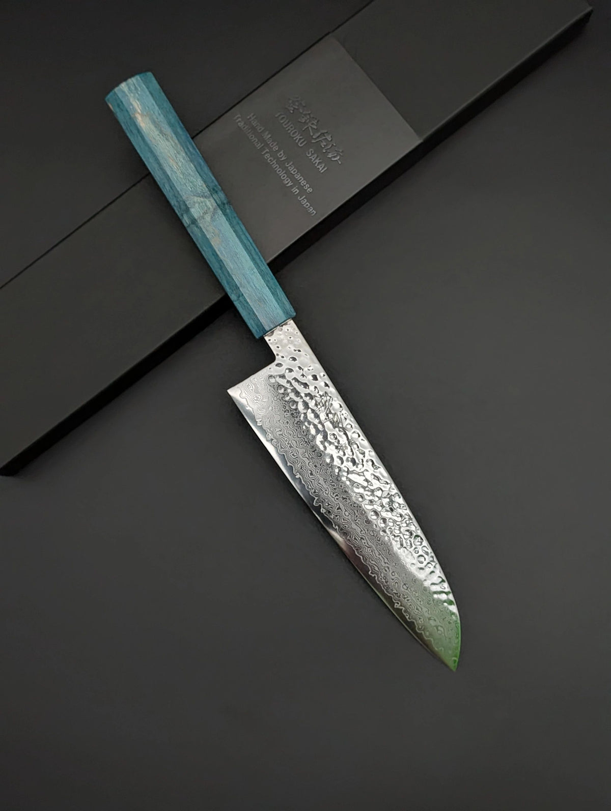 Touroku Sakai Santoku 165mm VG10 Damascus – Blue Pakka Handle